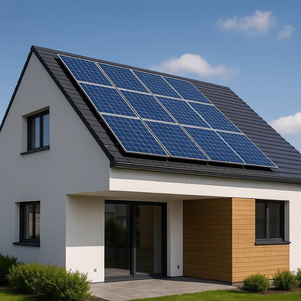 Casa con instalación de placas solares fotovoltaicas